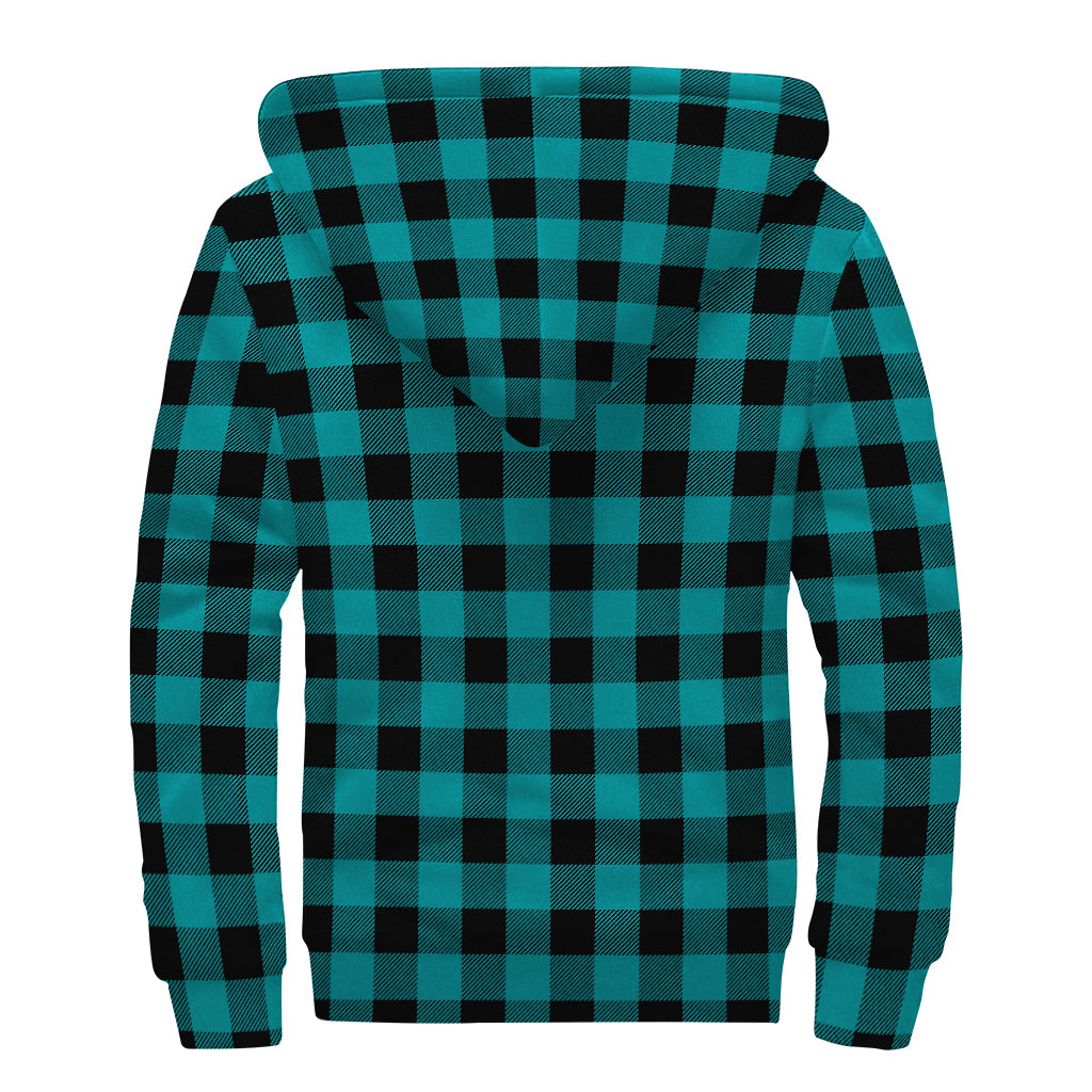 Teal And Black Buffalo Check Print Sherpa Lined Zip Up Hoodie