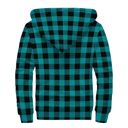 Teal And Black Buffalo Check Print Sherpa Lined Zip Up Hoodie