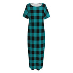 Teal And Black Buffalo Check Print Short Sleeve Long Nightdress
