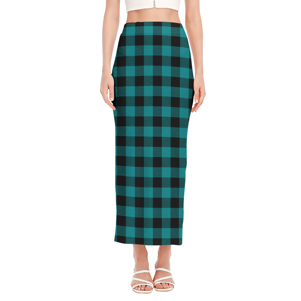 Teal And Black Buffalo Check Print Side Slit Maxi Skirt