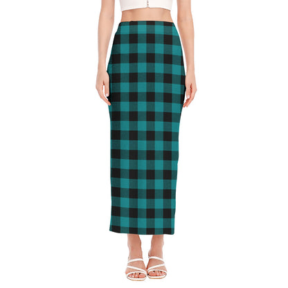 Teal And Black Buffalo Check Print Side Slit Maxi Skirt