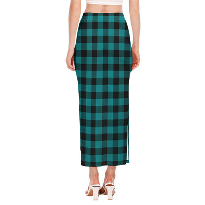 Teal And Black Buffalo Check Print Side Slit Maxi Skirt