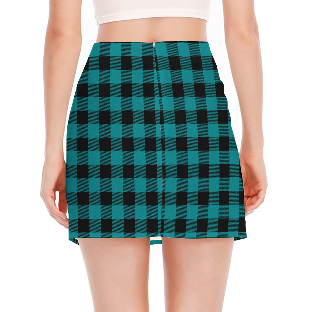 Teal And Black Buffalo Check Print Side Slit Mini Skirt