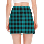 Teal And Black Buffalo Check Print Side Slit Mini Skirt