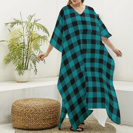 Teal And Black Buffalo Check Print Silk V-Neck Kaftan Dress