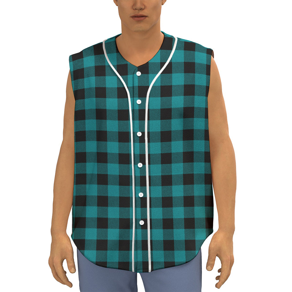 Teal And Black Buffalo Check Print Sleeveless Baseball Jersey