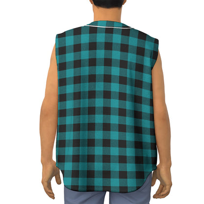 Teal And Black Buffalo Check Print Sleeveless Baseball Jersey