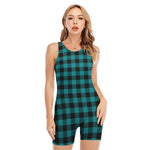 Teal And Black Buffalo Check Print Sleeveless One Piece Swimsuit