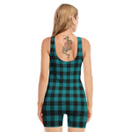 Teal And Black Buffalo Check Print Sleeveless One Piece Swimsuit