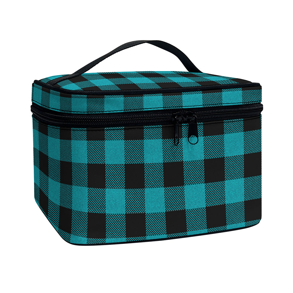 Teal And Black Buffalo Check Print Travel Makeup Bag