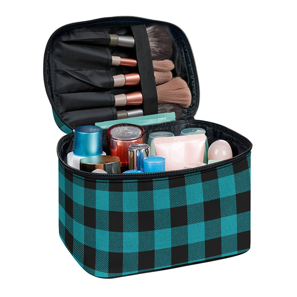 Teal And Black Buffalo Check Print Travel Makeup Bag