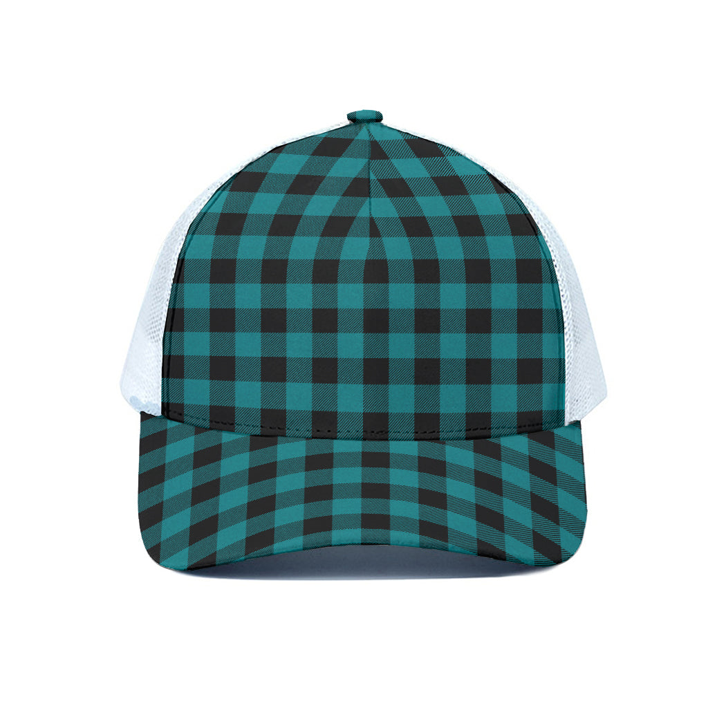 Teal And Black Buffalo Check Print White Mesh Trucker Cap