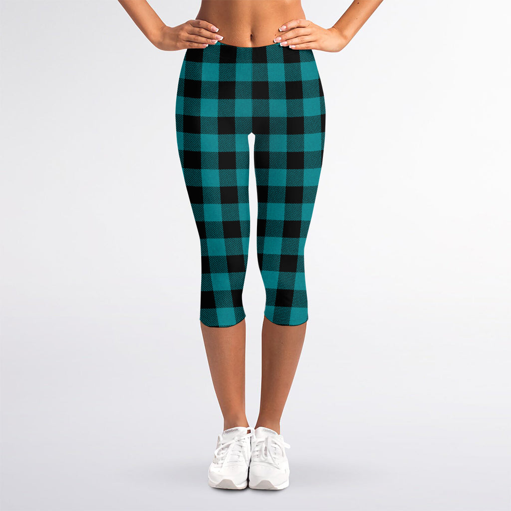 Teal And Black Buffalo Check Print Women's Capri Leggings