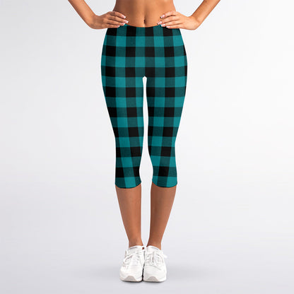 Teal And Black Buffalo Check Print Women's Capri Leggings