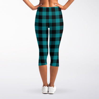 Teal And Black Buffalo Check Print Women's Capri Leggings