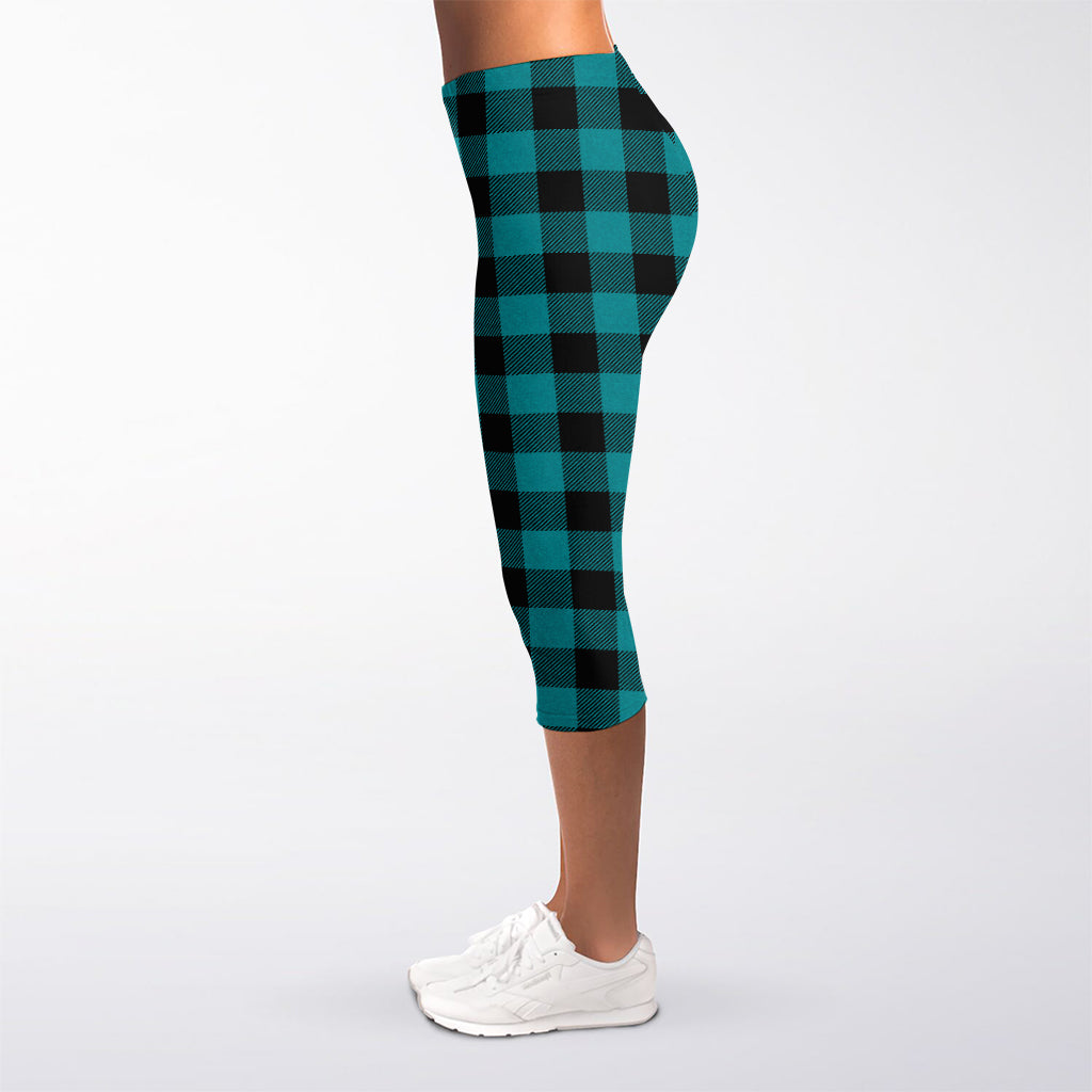 Teal And Black Buffalo Check Print Women's Capri Leggings