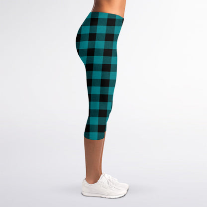 Teal And Black Buffalo Check Print Women's Capri Leggings