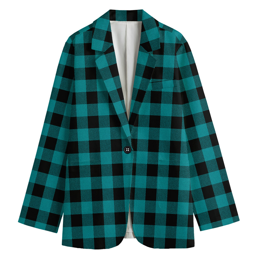 Teal And Black Buffalo Check Print Women's Cotton Blazer