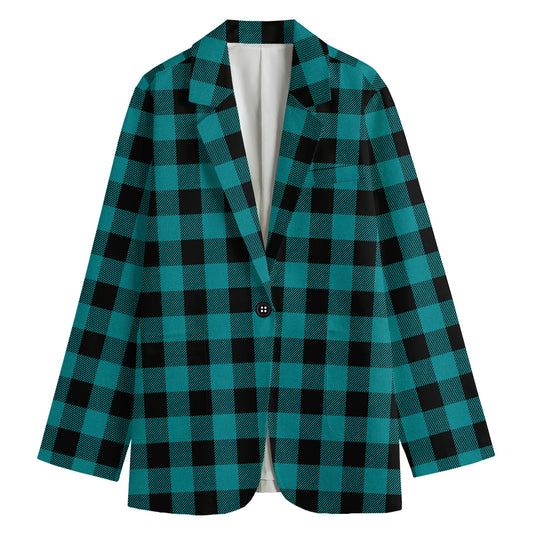 Teal And Black Buffalo Check Print Women's Cotton Blazer