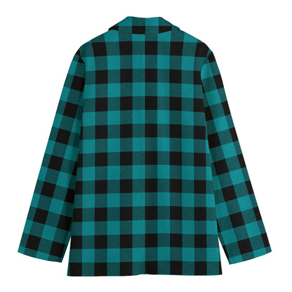 Teal And Black Buffalo Check Print Women's Cotton Blazer