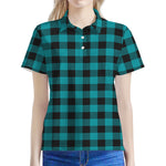 Teal And Black Buffalo Check Print Women's Polo Shirt