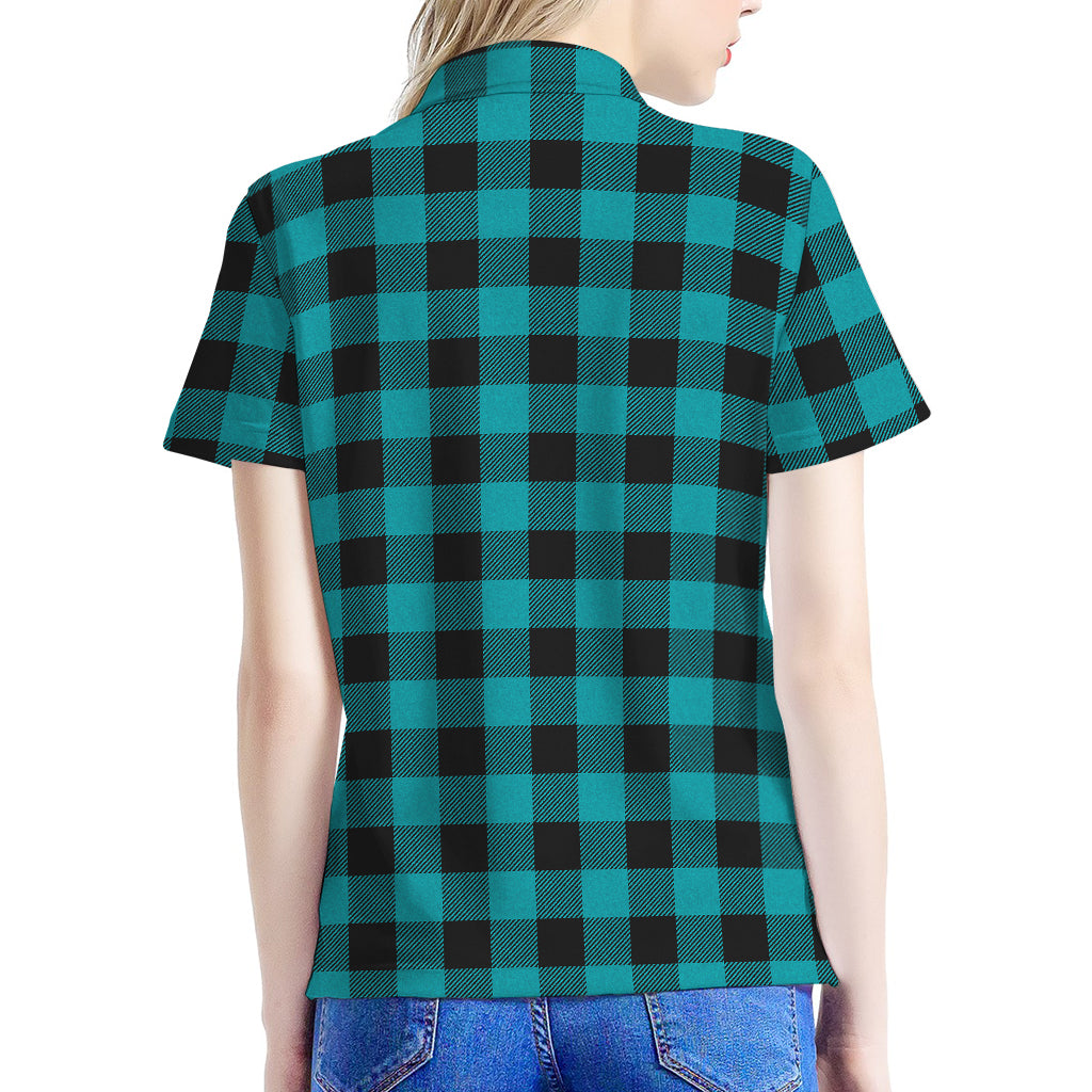 Teal And Black Buffalo Check Print Women's Polo Shirt
