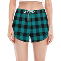 Teal And Black Buffalo Check Print Women's Split Running Shorts