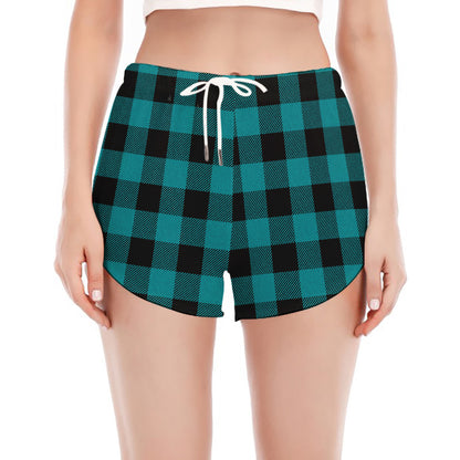 Teal And Black Buffalo Check Print Women's Split Running Shorts