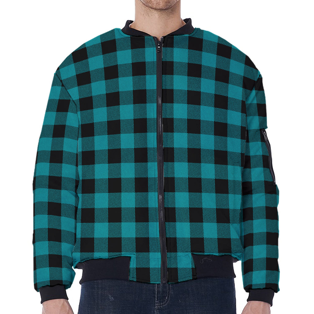 Teal And Black Buffalo Check Print Zip Sleeve Bomber Jacket