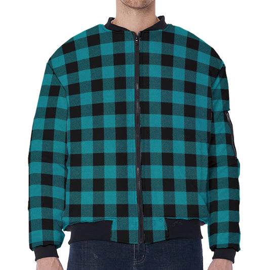 Teal And Black Buffalo Check Print Zip Sleeve Bomber Jacket