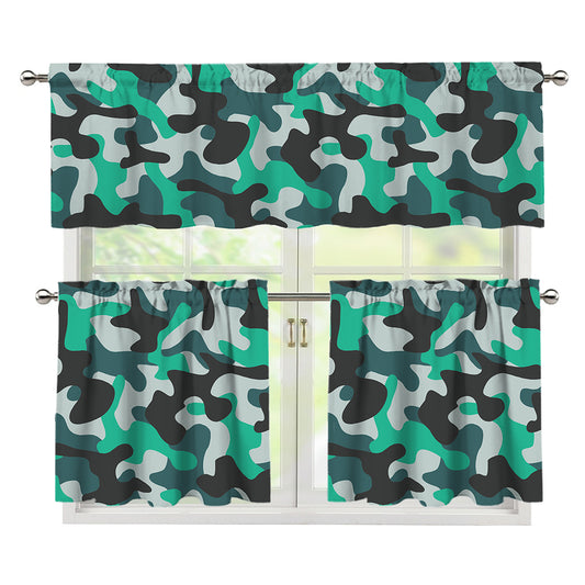 Teal And Black Camouflage Print 3 Piece Kitchen Curtains