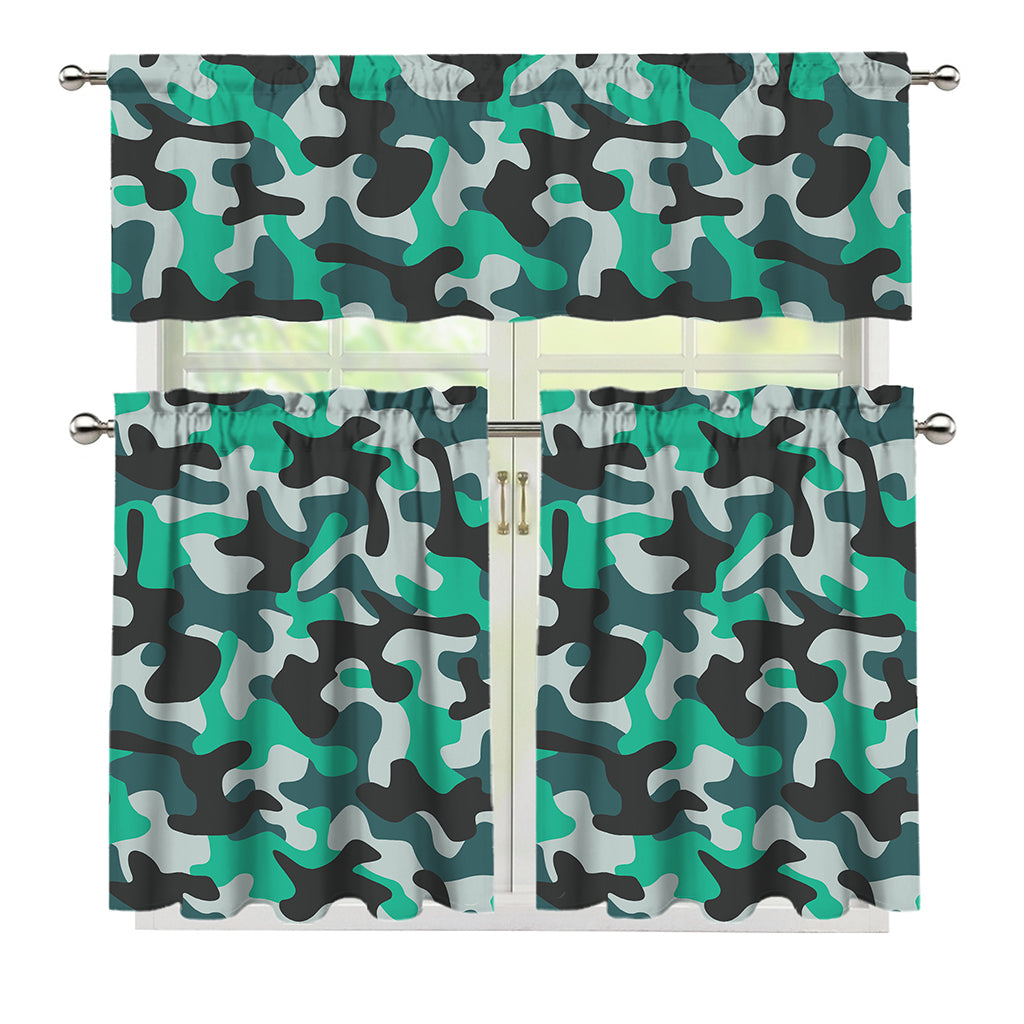 Teal And Black Camouflage Print 3 Piece Kitchen Curtains