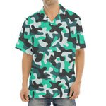 Teal And Black Camouflage Print Aloha Shirt