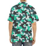 Teal And Black Camouflage Print Aloha Shirt