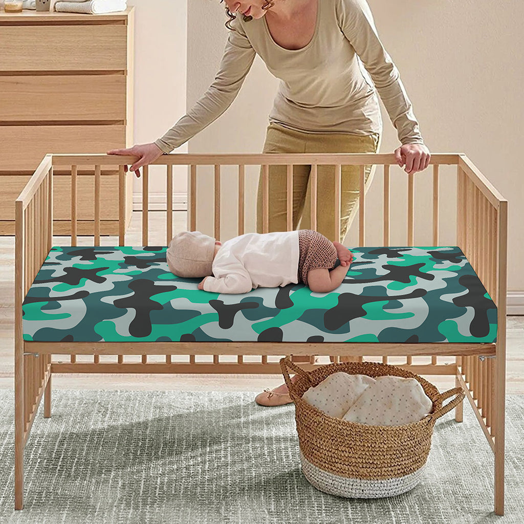 Teal And Black Camouflage Print Baby Crib Sheet