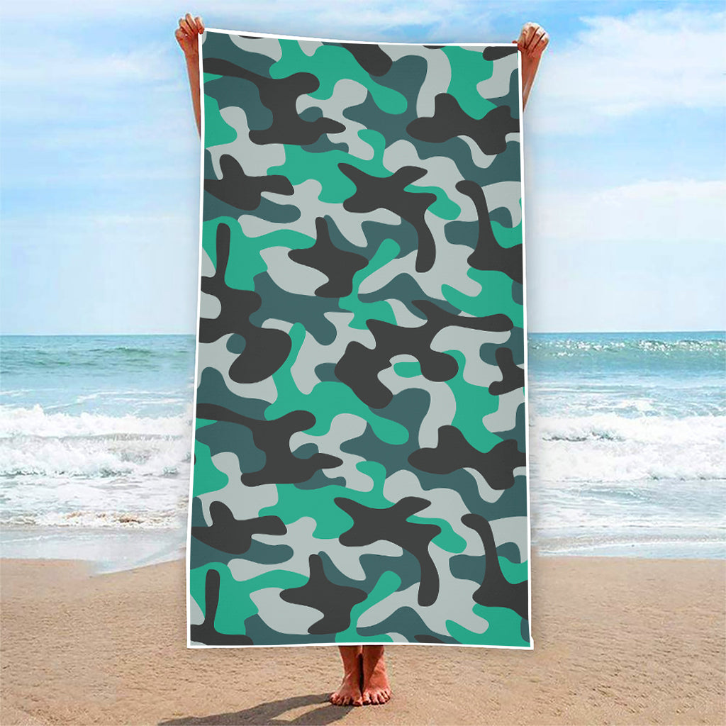 Teal And Black Camouflage Print Beach Towel
