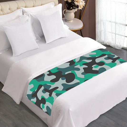 Teal And Black Camouflage Print Bed Runner
