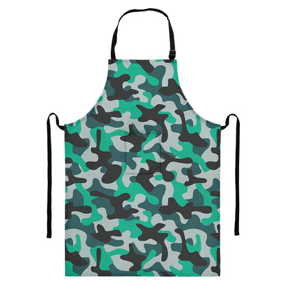 Teal And Black Camouflage Print Bib Apron With Pocket