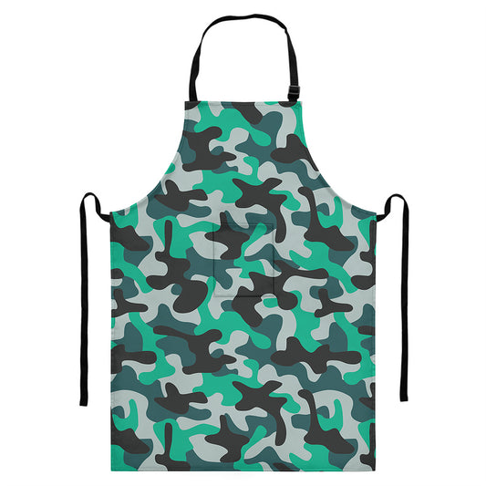 Teal And Black Camouflage Print Bib Apron With Pocket