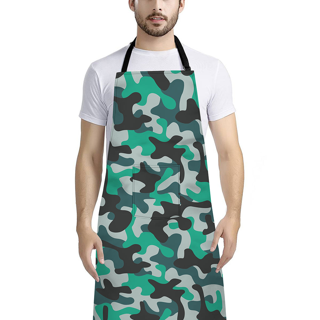 Teal And Black Camouflage Print Bib Apron With Pocket