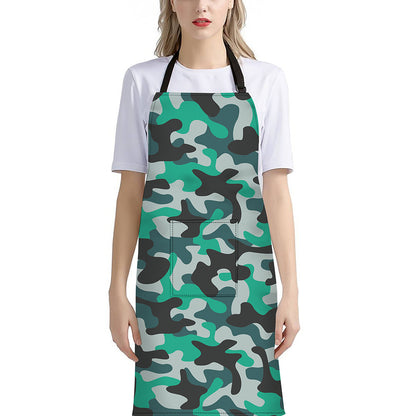 Teal And Black Camouflage Print Bib Apron With Pocket