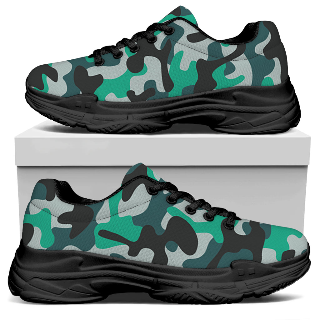 Teal And Black Camouflage Print Black Chunky Shoes