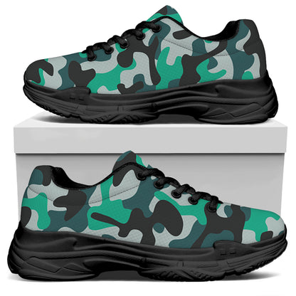 Teal And Black Camouflage Print Black Chunky Shoes