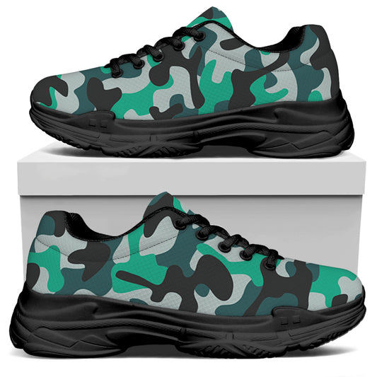 Teal And Black Camouflage Print Black Chunky Shoes