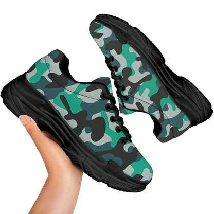 Teal And Black Camouflage Print Black Chunky Shoes