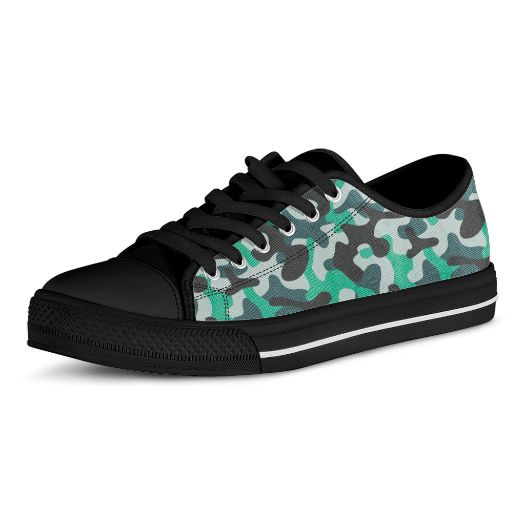 Teal And Black Camouflage Print Black Low Top Sneakers