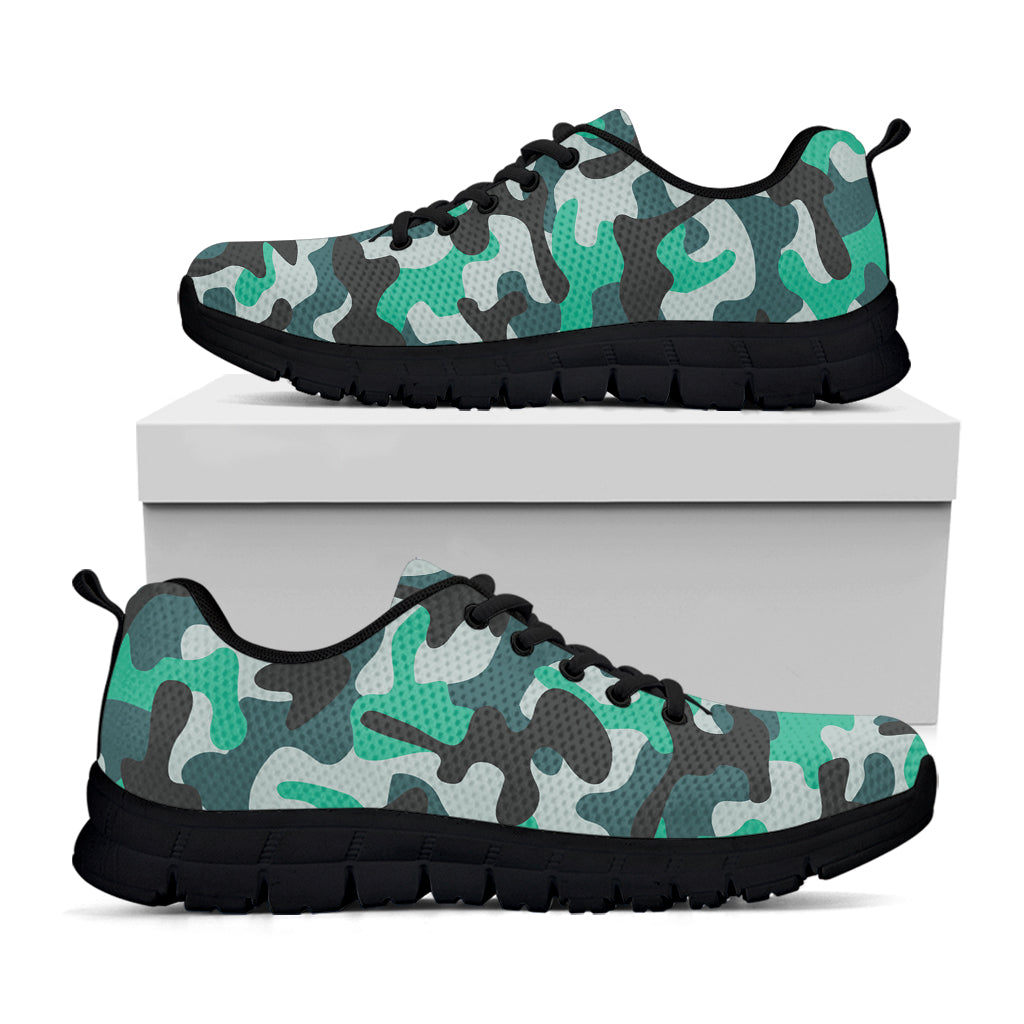 Teal And Black Camouflage Print Black Running Shoes