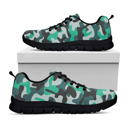 Teal And Black Camouflage Print Black Running Shoes