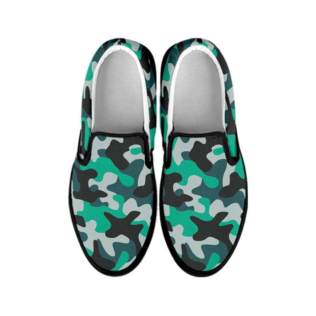 Teal And Black Camouflage Print Black Slip On Sneakers