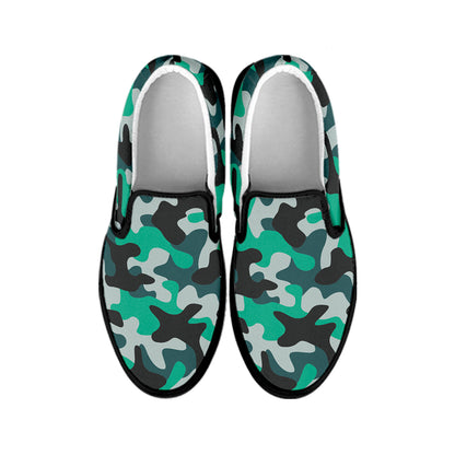 Teal And Black Camouflage Print Black Slip On Sneakers